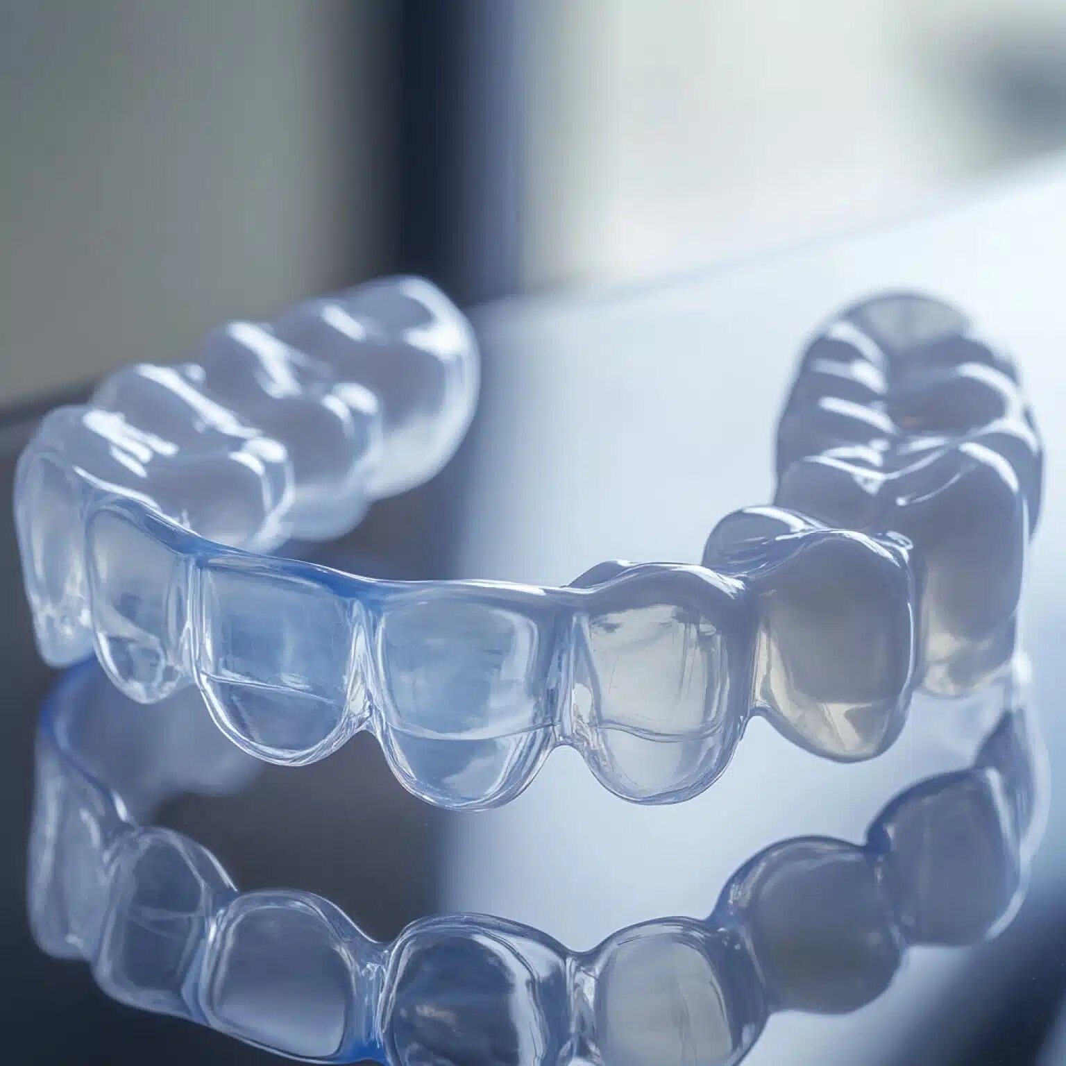 Close-up of a clear plastic dental aligner tray