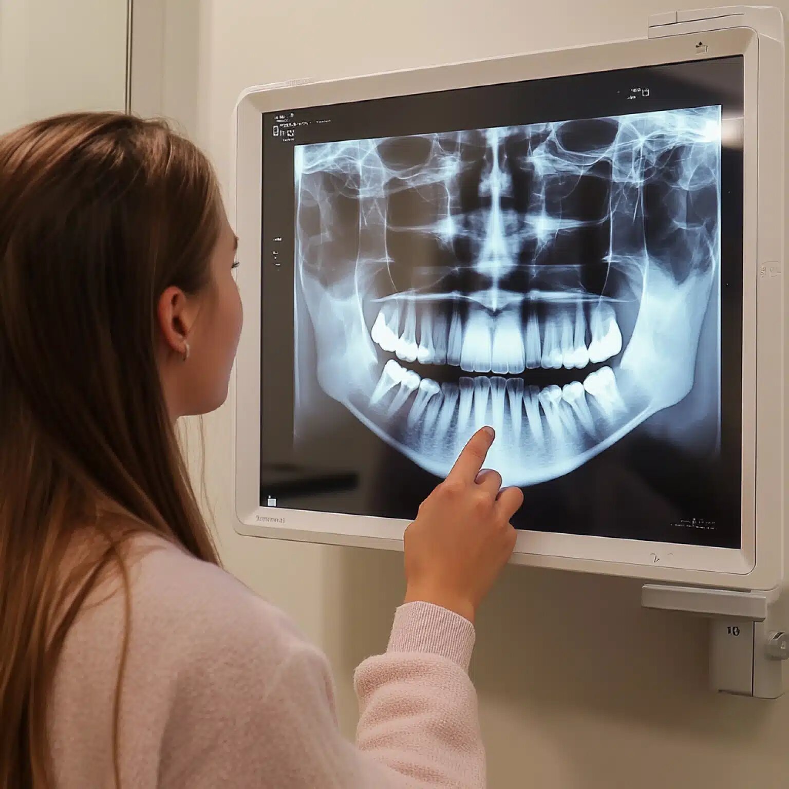 Patient reviewing a digital panoramic dental X-ray on a monitor